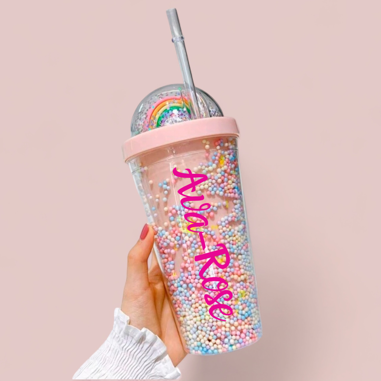 Personalised double walled confetti rainbow cup with straw