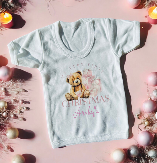 PERSONALISED PINK BABY GIRL SHORT SLEEVED MY 1ST CHRISTMAS TSHIRT TEDDY DESIGN