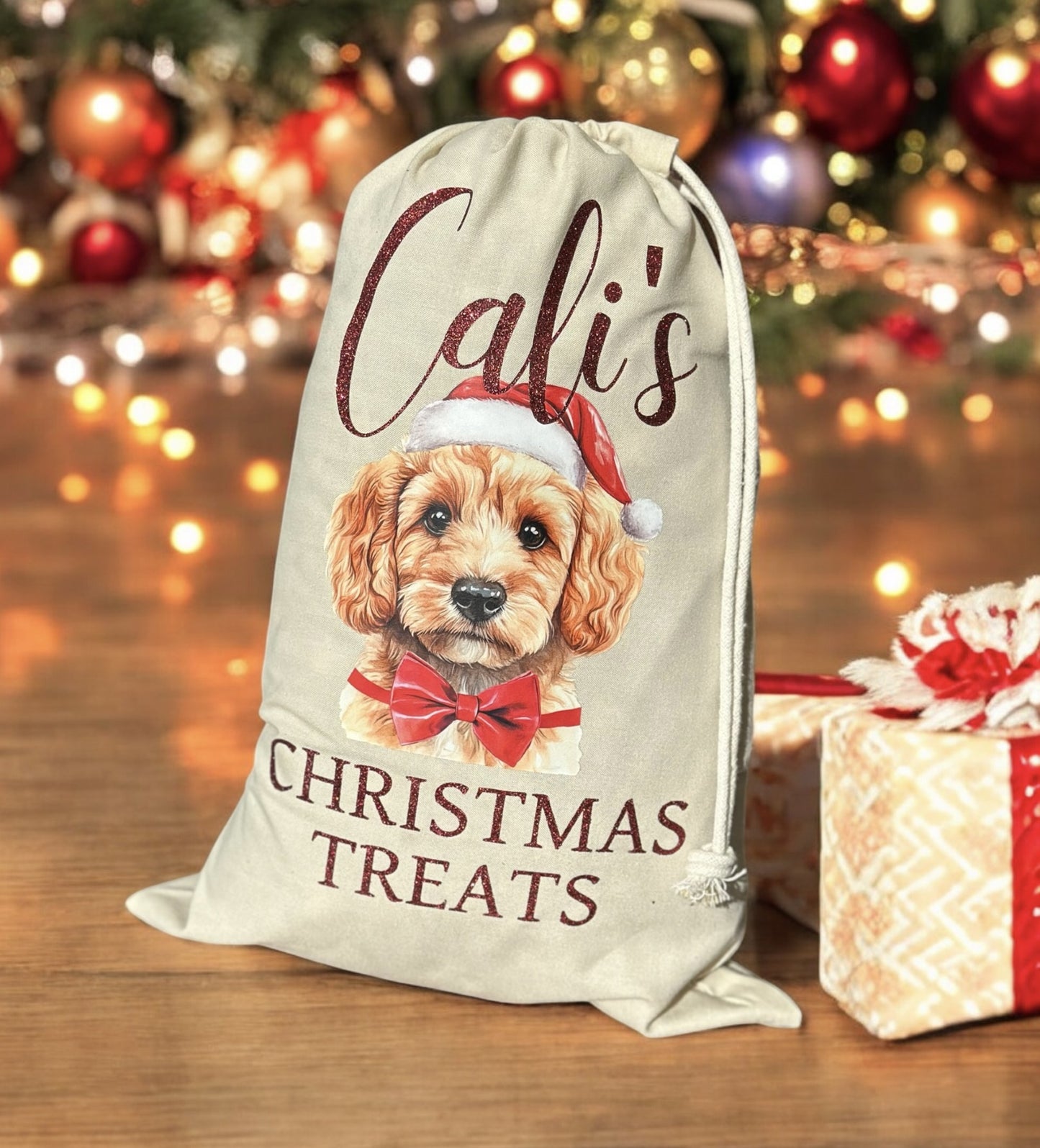 PERSONALISED DOG PET CHRISTMAS PRESENT GIFT TREAT DRAWSTRING SACK