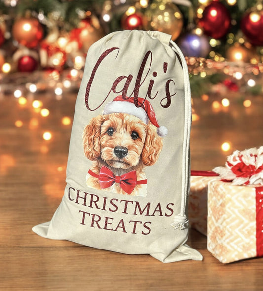 PERSONALISED DOG PET CHRISTMAS PRESENT GIFT TREAT DRAWSTRING SACK