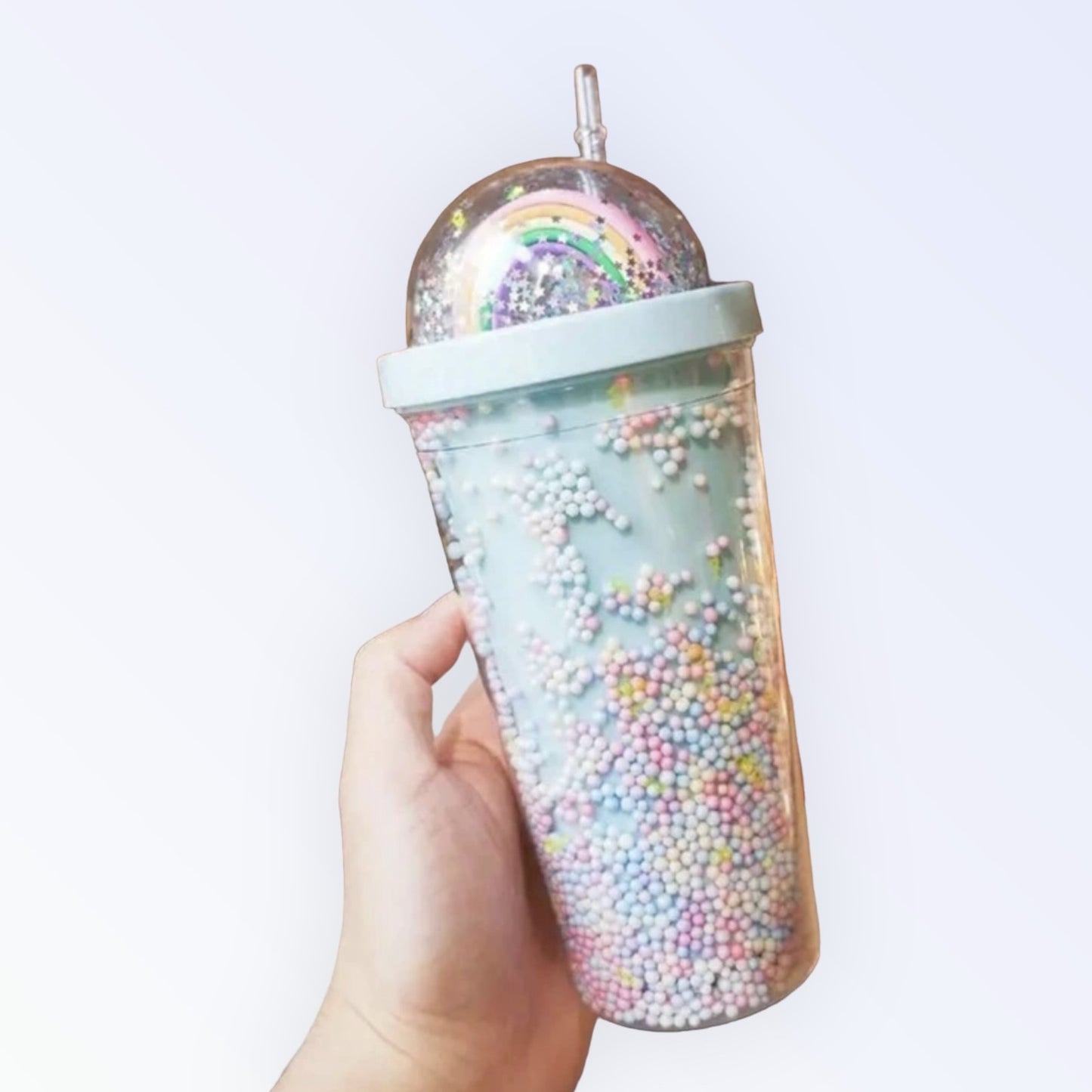 Personalised double walled confetti rainbow cup with straw