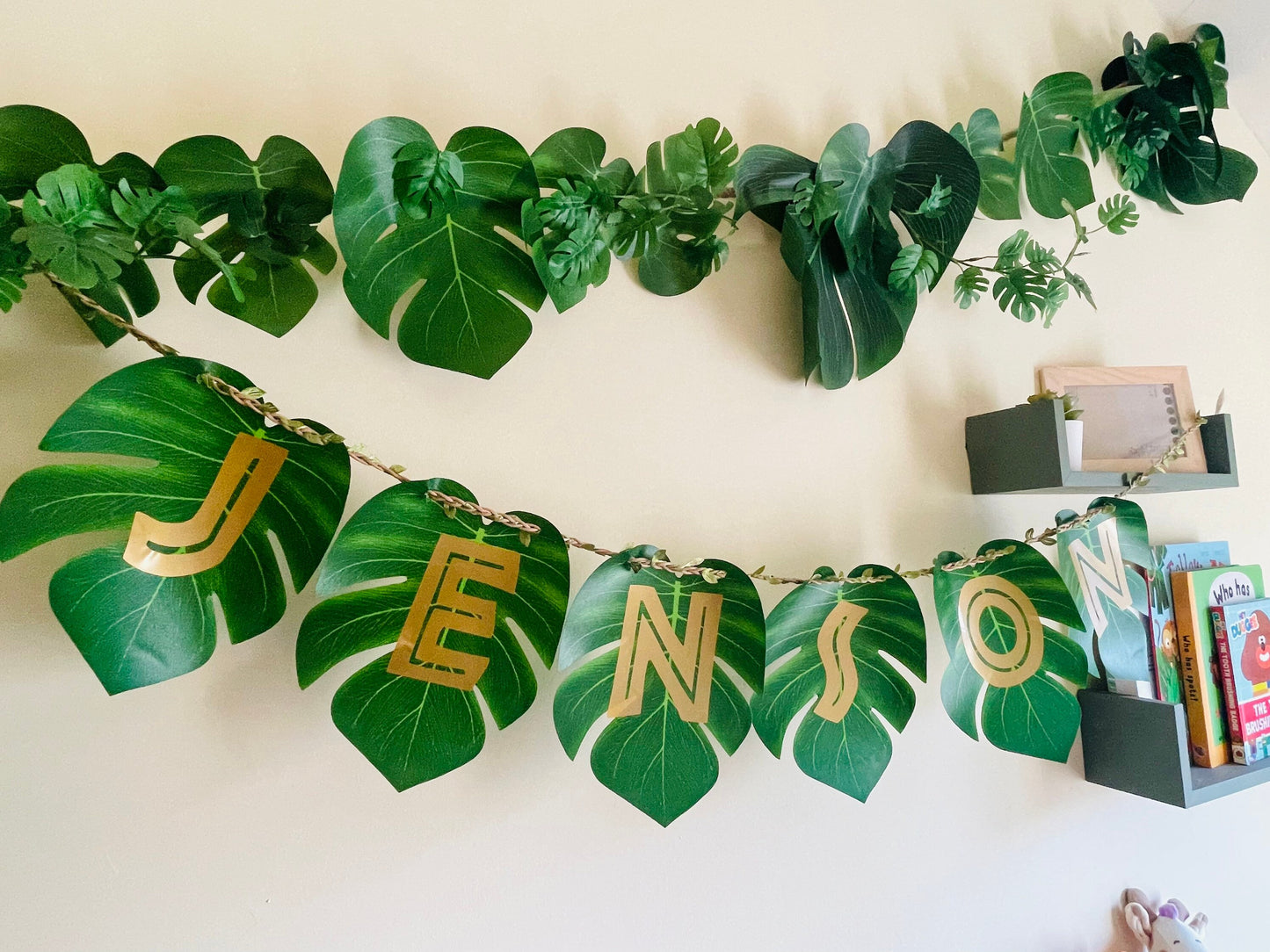 Personalised leaf jungle safari name hanging garland banner bunting nursery and bedroom decor