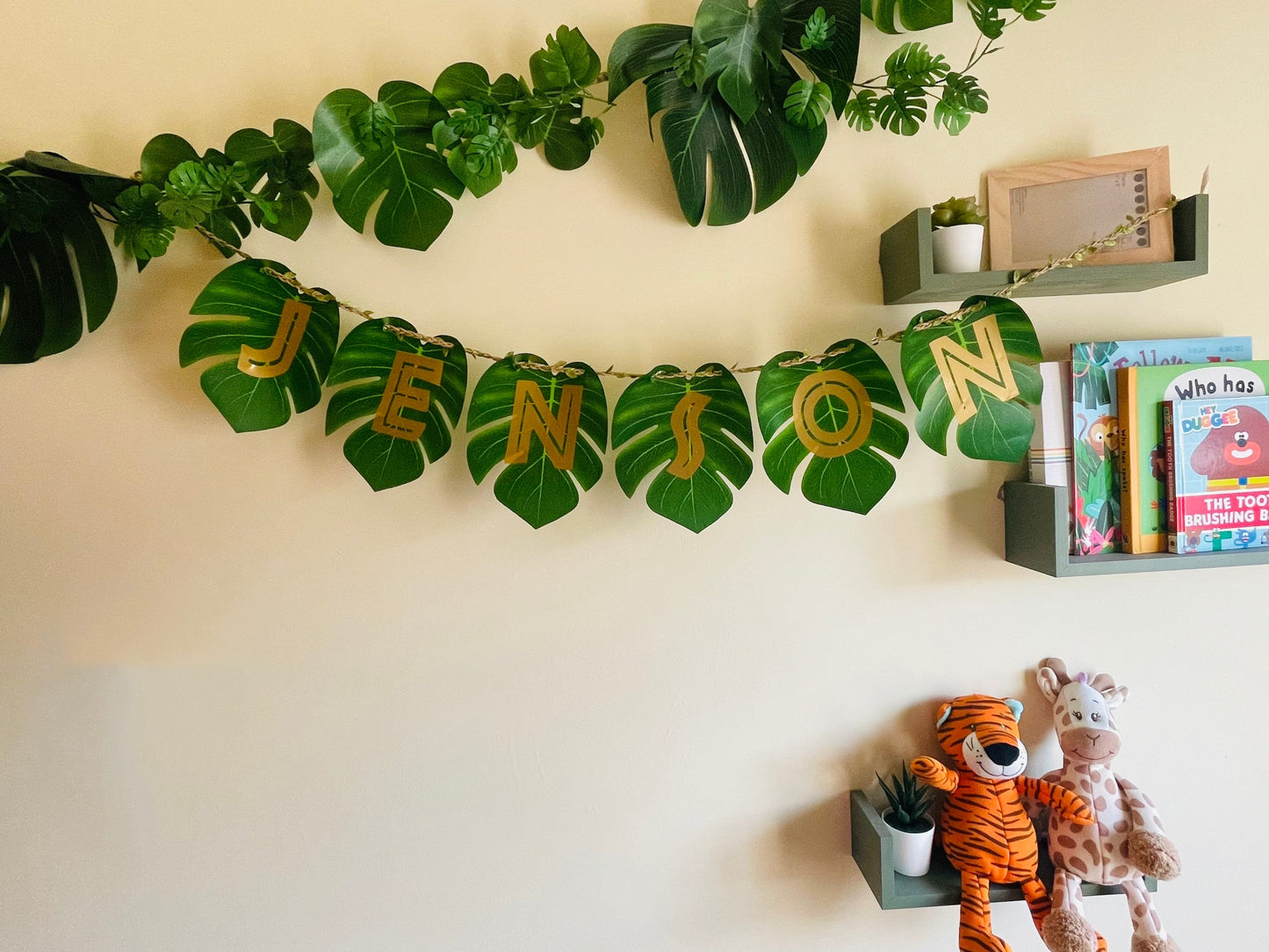 Personalised leaf jungle safari name hanging garland banner bunting nursery and bedroom decor