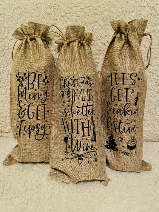 Wine/ alcohol jute drawstring reusable bottle bag Christmas stocking filler novelty gift bag