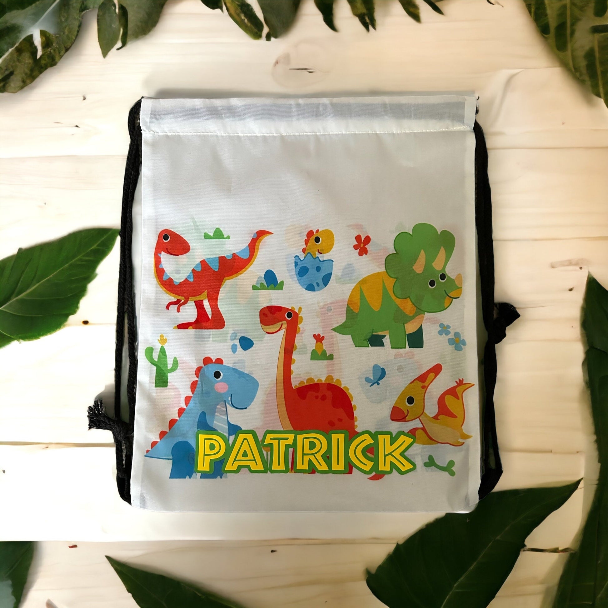 Personalised dinosaur theme children’s toddlers PE kit nursery drawstring bag