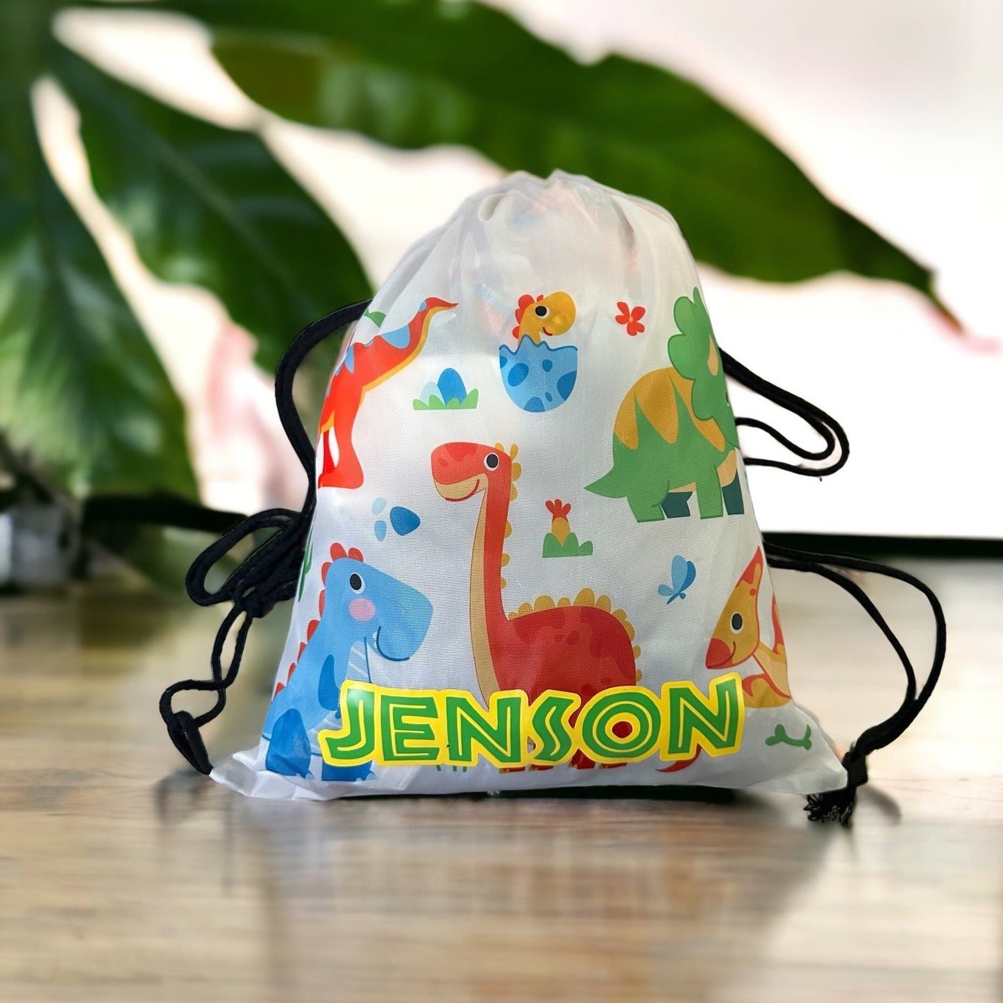 Personalised dinosaur theme children’s toddlers PE kit nursery drawstring bag